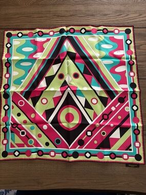Emilio Pucci Bright Geometric Silk-Print Scarf in Pink, Lime & Teal 100% auth